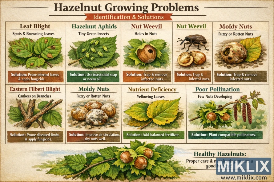 ఆకు ముడత, అఫిడ్స్, గింజ వీవిల్స్, బూజు పట్టిన గింజలు, పోషక లోపం మరియు పేలవమైన పరాగసంపర్కం వంటి సాధారణ హాజెల్ నట్ పెరుగుదల సమస్యలను దృశ్య లక్షణాలు మరియు సిఫార్సు చేయబడిన పరిష్కారాలతో చూపించే ఇలస్ట్రేటెడ్ ఇన్ఫోగ్రాఫిక్.