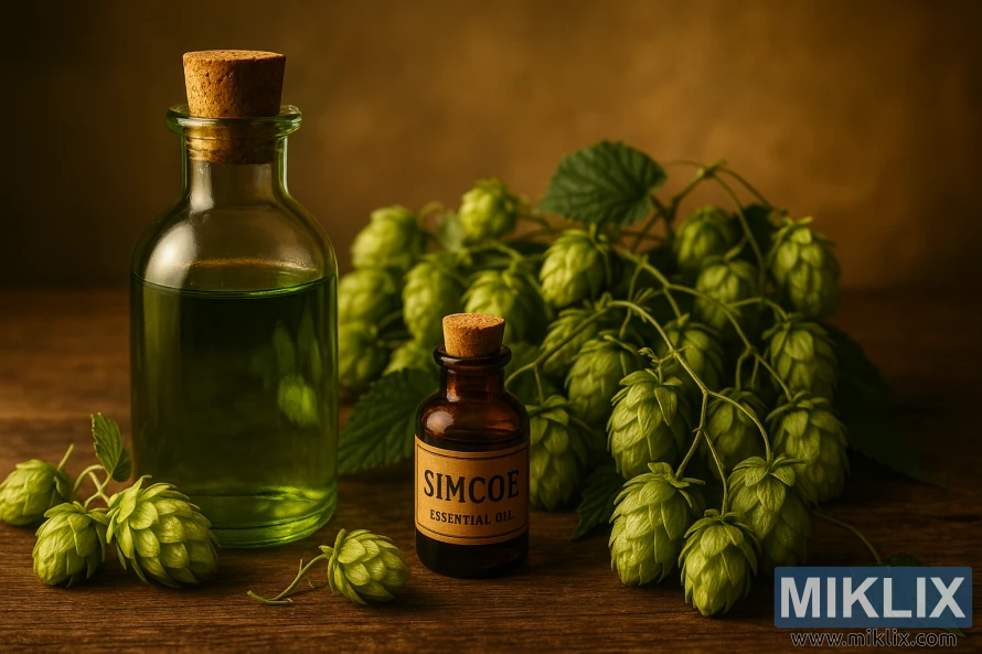 Still life of Simcoe essential oils with a glass bottle of green liquid and fresh Simcoe hops on a rustic wooden table. Still life of Simcoe essential oils with a glass bottle of green liquid and fresh Simcoe hops on a rustic wooden table.