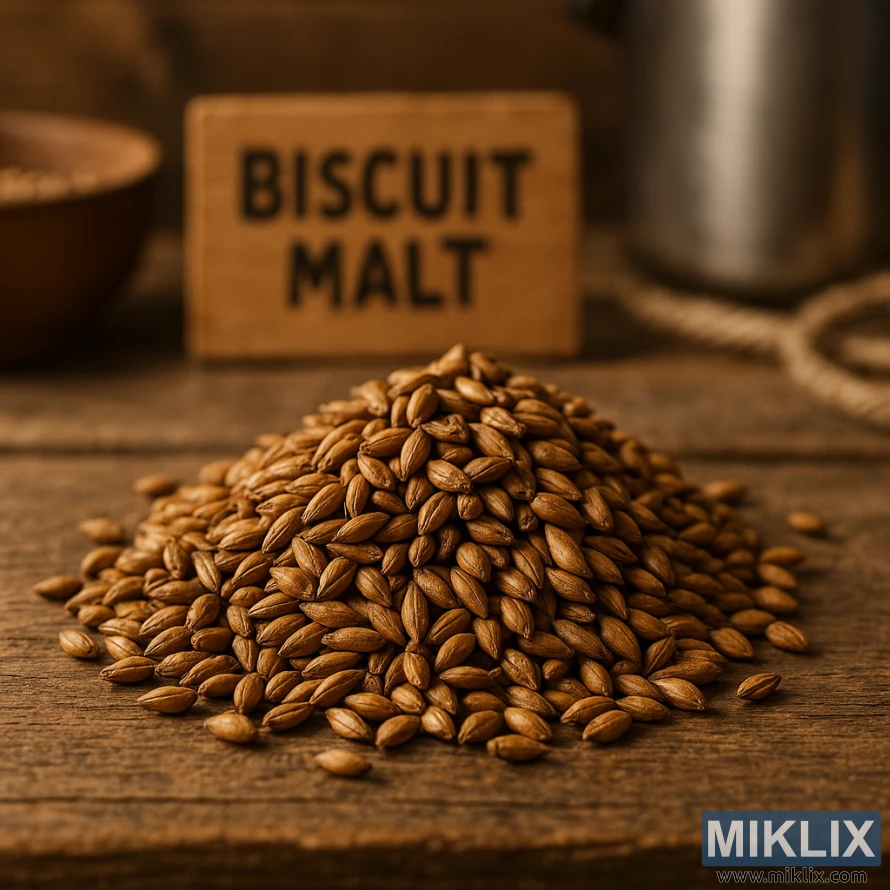 उबदार, ग्रामीण होमब्रूइंग सेटिंगमध्ये लाकडी टेबलावर बिस्किट माल्टच्या धान्यांच्या एका लहान ढिगाऱ्याचा क्लोज-अप.