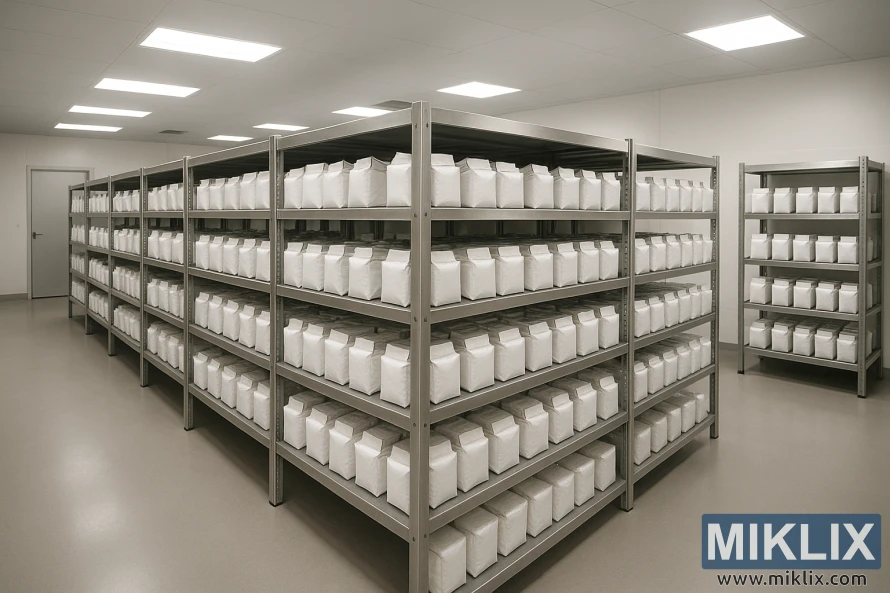 A clean, well-lit brewer’s yeast storage facility with stainless steel shelves stacked neatly with sealed dry yeast packets. A clean, well-lit brewer’s yeast storage facility with stainless steel shelves stacked neatly with sealed dry yeast packets.