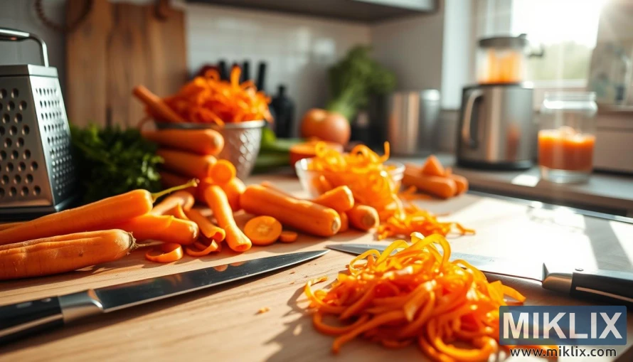 Banda e kuzhinës me karota, dërrasë prerëse, thikë, rende dhe shtrydhëse frutash nën rrezet e ngrohta të diellit.