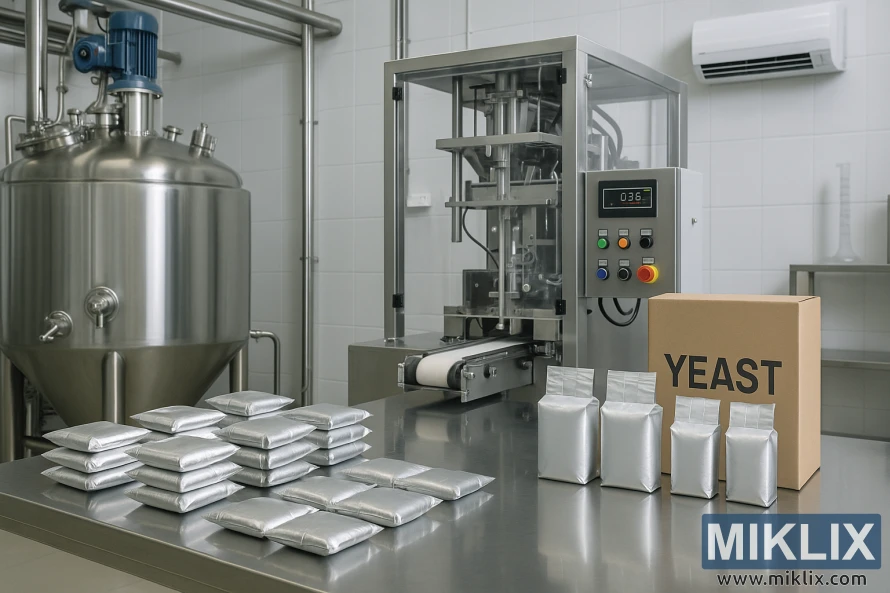 Sterilt gjærpakkeanlegg med foliepakker og automatisert maskineri på rene ståloverflater.