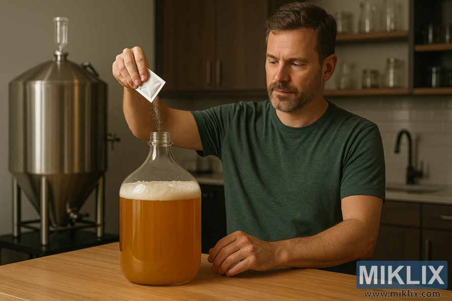 Seorang pembuat bir rumahan menaburkan ragi kering dari bungkus foil ke dalam botol kaca berisi wort emas di dapur modern dengan fermentor kerucut tahan karat di latar belakang. Seorang pembuat bir rumahan menaburkan ragi kering dari bungkus foil ke dalam botol kaca berisi wort emas di dapur modern dengan fermentor kerucut tahan karat di latar belakang.