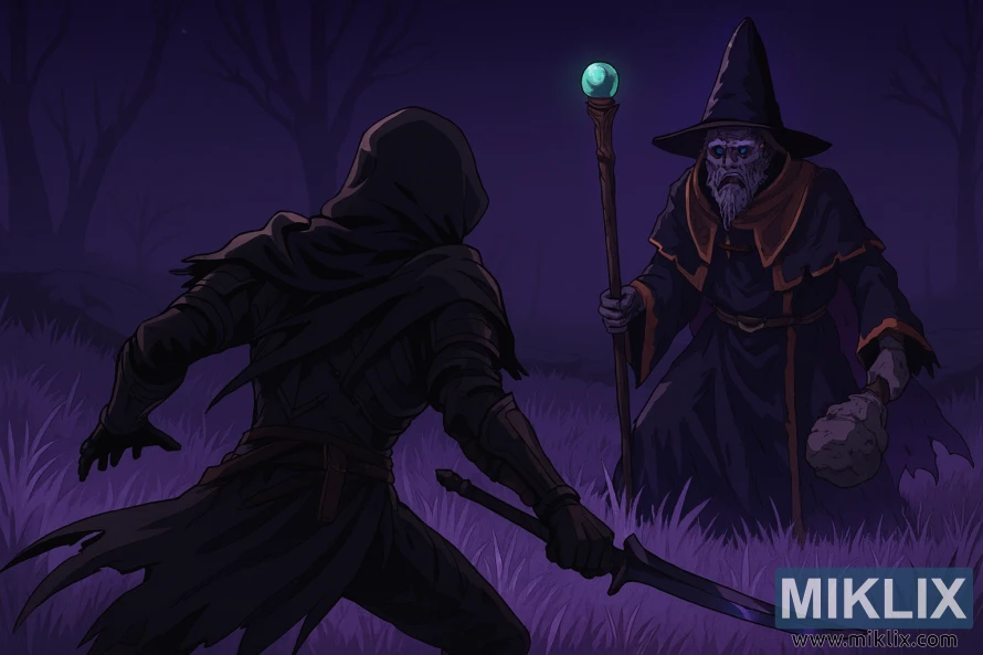 Image de style anime de l'armure du Couteau Noir Terni face au Mage de Bataille Hugues dans une forêt mystique