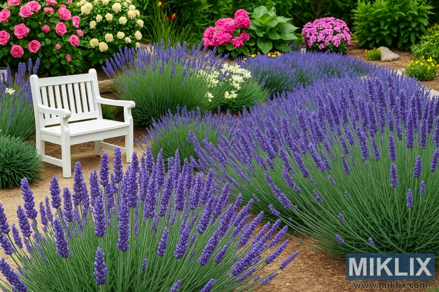 En smukt anlagt have med rækker af blomstrende lavendel, en hvid træbænk og farverige blomsterbede med lyserøde, hvide og gule blomster i klart sommersolskin. En smukt anlagt have med rækker af blomstrende lavendel, en hvid træbænk og farverige blomsterbede med lyserøde, hvide og gule blomster i klart sommersolskin.
