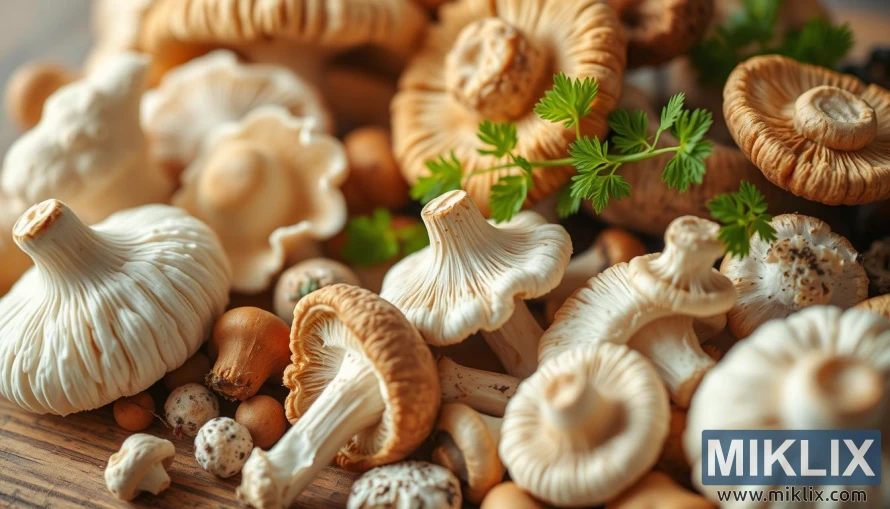 在溫暖的自然光下,木質表面上的各種新鮮蘑菇的特寫,顯示出不同的紋理和顏色。 在溫暖的自然光下,木質表面上的各種新鮮蘑菇的特寫,顯示出不同的紋理和顏色。