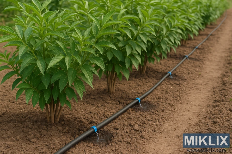 Капельный полив рядов здоровых растений бузины на возделываемом поле. Капельный полив рядов здоровых растений бузины на возделываемом поле.