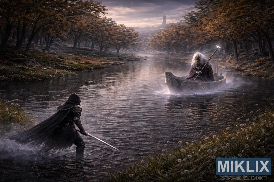 Opera fantasy semi-realistica incentrata sul paesaggio che mostra l'armatura Tarnished in Black Knife che brandisce una spada sulla sinistra, di fronte al Tibia Mariner su una barca spettrale attraverso un lago nebbioso nella Liurnia orientale dei laghi, vista da un'angolazione isometrica elevata.