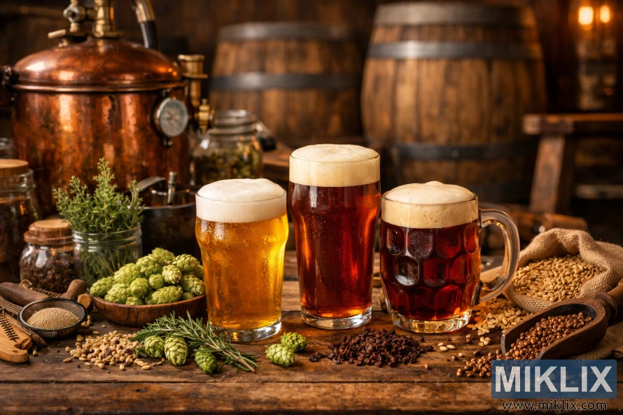 Rustic brewery scene with glasses of golden and amber ale on a wooden table surrounded by hops, malt grains, herbs, and copper brewing equipment.