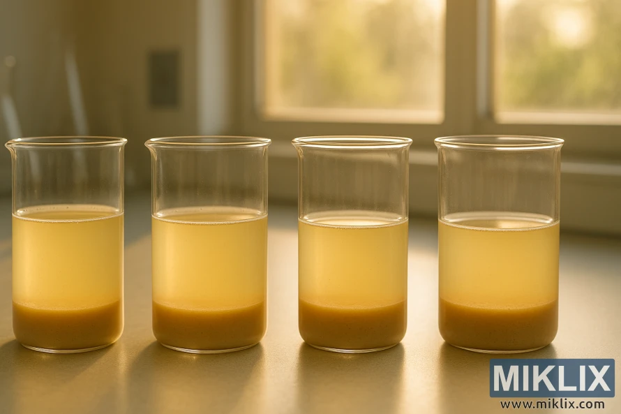 Four glass beakers containing pale yellow ale yeast cultures on a warmly lit lab counter. Four glass beakers containing pale yellow ale yeast cultures on a warmly lit lab counter.