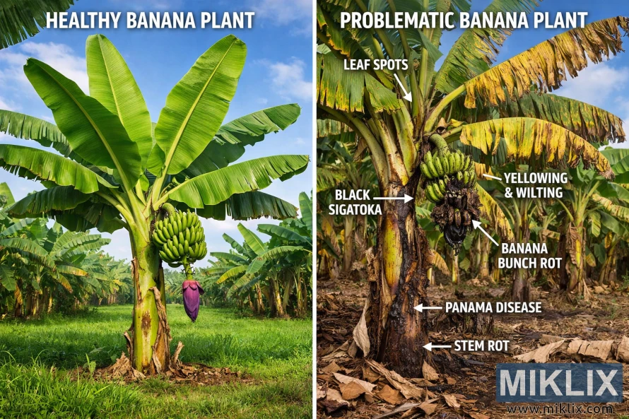 Side-by-side image comparing a healthy banana plant with green leaves and full fruit to a diseased banana plant showing yellowing leaves, rot, and common banana diseases.