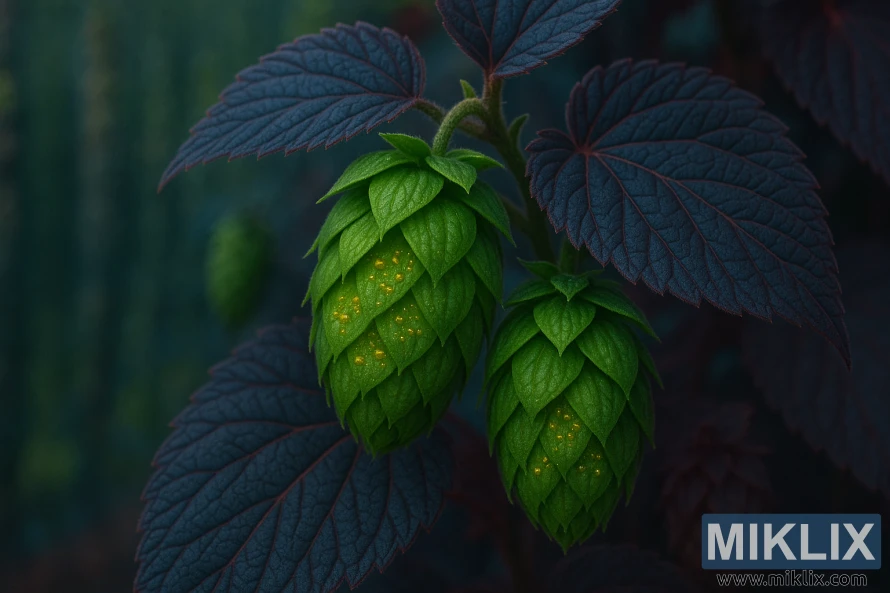 Nærbilde av Blue Northern Brewer-humle med grønne kjegler og rødblå blader mot en uskarp humlefeltbakgrunn.