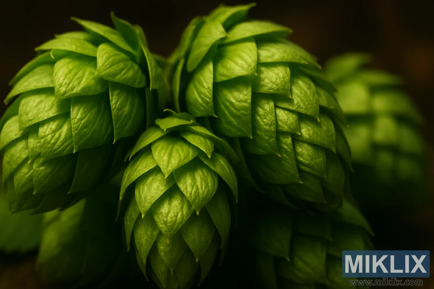 A close-up photograph of vibrant green Bouclier hop cones with detailed bracts and warm directional lighting.