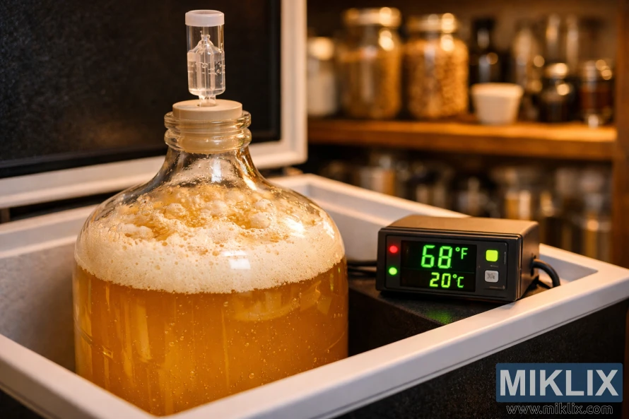 玻璃發酵槽內裝有正在發酵的淡色艾爾啤酒,位於溫控發酵室中,數位控制器顯示溫度為 68°F,釀造用品在背景中略顯模糊。 玻璃發酵槽內裝有正在發酵的淡色艾爾啤酒,位於溫控發酵室中,數位控制器顯示溫度為 68°F,釀造用品在背景中略顯模糊。