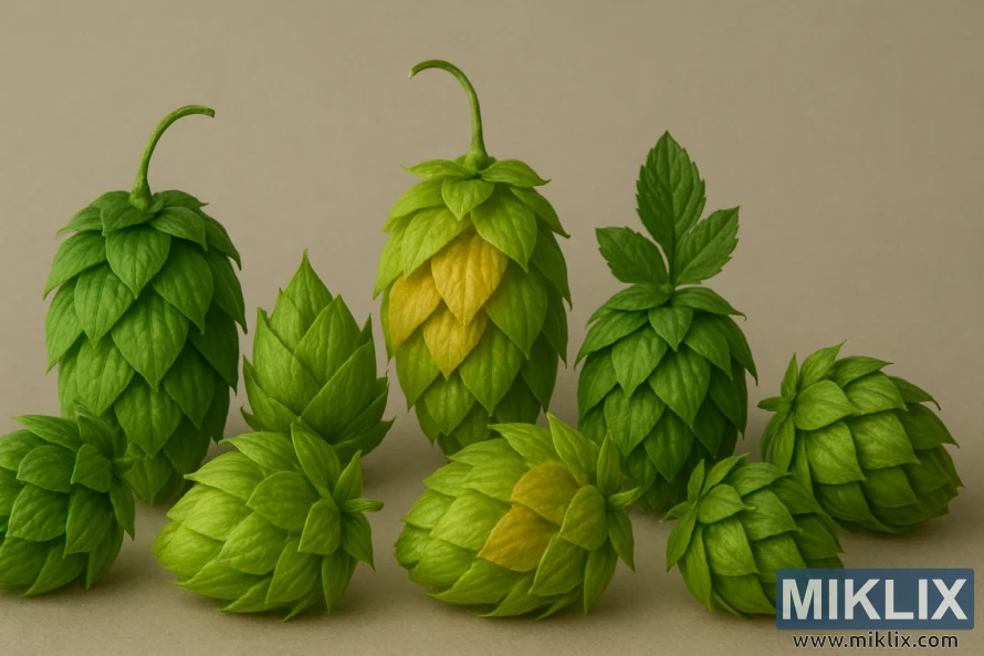 Natura morta di sette coni di luppolo nelle tonalità del verde e del verde-oro, disposti su uno sfondo neutro e con luci soffuse. Natura morta di sette coni di luppolo nelle tonalità del verde e del verde-oro, disposti su uno sfondo neutro e con luci soffuse.