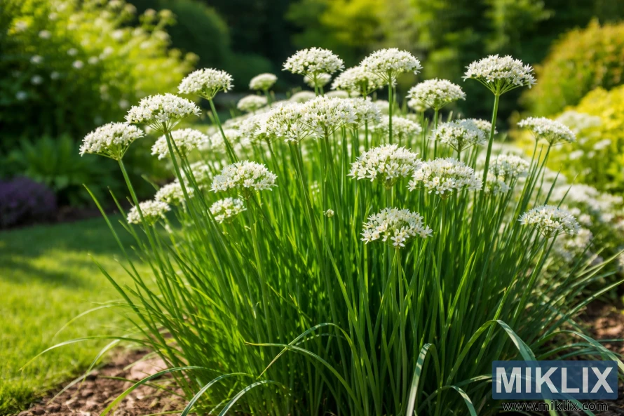 Close-up of garlic chives with slender green leaves and white star-shaped flowers growing in a well-kept flower bed on a sunny summer day.