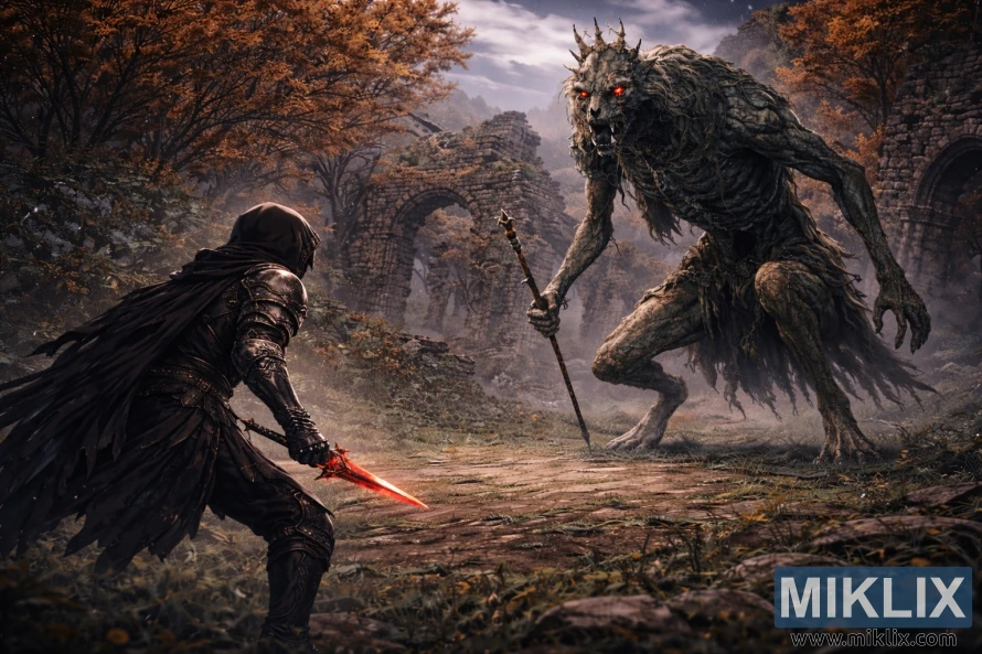 Anime style fantasy scene of the Tarnished in Black Knife armor facing a gigantic Demi-Human Queen in wide forest ruins view before battle.