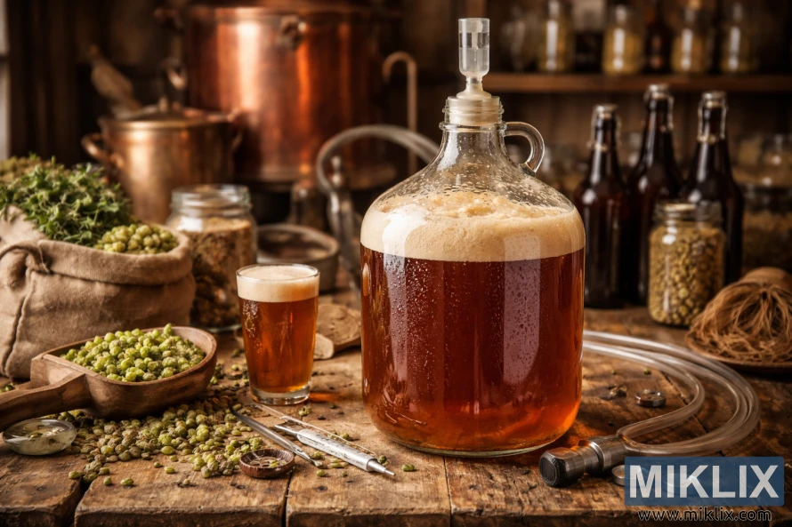 Glass carboy of fermenting Edinburgh-style ale on a rustic wooden table surrounded by hops, barley, and traditional brewing equipment. Glass carboy of fermenting Edinburgh-style ale on a rustic wooden table surrounded by hops, barley, and traditional brewing equipment.