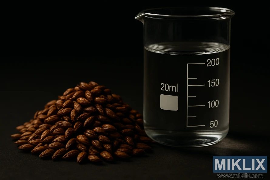 Makro snimak jantarnih zrna slada i vode za kuhanje u staklenoj čaši na tamnoj pozadini.