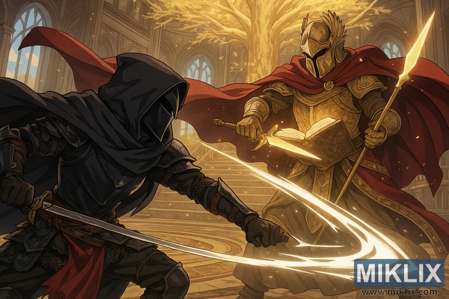 Anime-style scene of a Black Knife armored fighter clashing with helmeted Sir Gideon in the golden-lit Erdtree Sanctuary. Anime-style scene of a Black Knife armored fighter clashing with helmeted Sir Gideon in the golden-lit Erdtree Sanctuary.