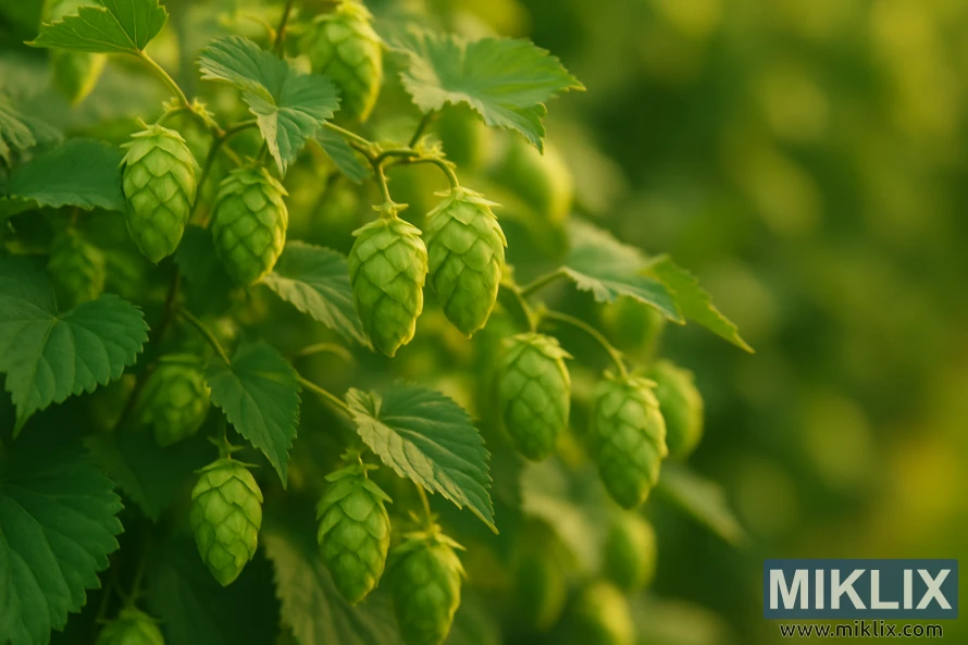 Üzümlərdən asılmış yaşıl Riwaka hop konuslarının təfərrüatlı fotoşəkili, bulanıq təbii fonda qızılı parıltı ilə yumşaq işıqlandırılır. Üzümlərdən asılmış yaşıl Riwaka hop konuslarının təfərrüatlı fotoşəkili, bulanıq təbii fonda qızılı parıltı ilə yumşaq işıqlandırılır.