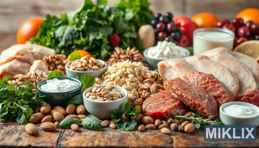 చికెన్, చేపలు, గింజలు, పాల ఉత్పత్తులు, ఆకుకూరలు మరియు పండ్లతో సహా BCAA-రిచ్ ఫుడ్స్ యొక్క స్టిల్ లైఫ్.