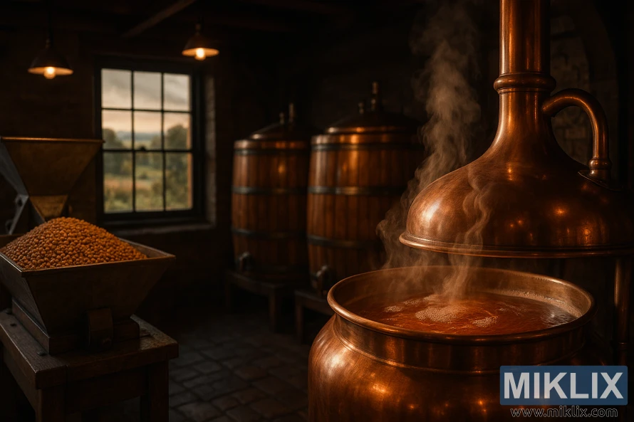 Bakreni kotao za kuhanje koji se pari s jantarnom tekućinom pored mlina za žito i karamelnog slada u slabo osvijetljenoj pivovari.
