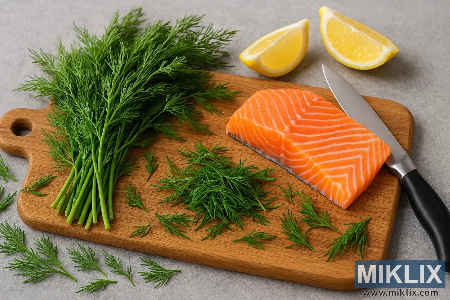 Fresh dill on a wooden cutting board with a raw salmon fillet, lemon wedges, and a chef’s knife on a gray surface. Fresh dill on a wooden cutting board with a raw salmon fillet, lemon wedges, and a chef’s knife on a gray surface.