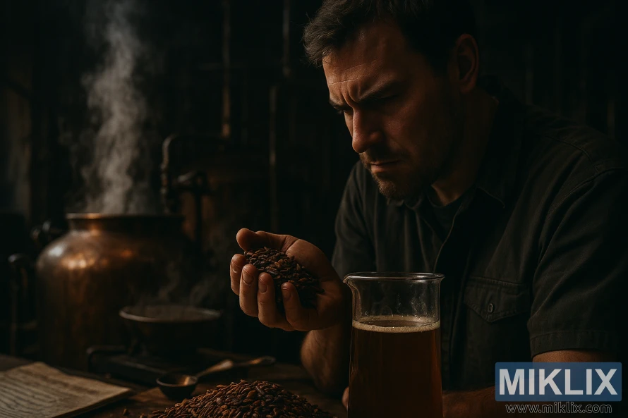 Brygger undersøker spesiell stekt malt i dunkelt bryggeri med dampende vannkoker og skygger av utstyr.