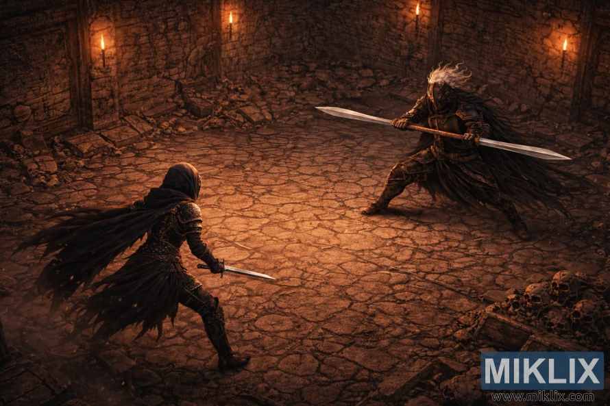 Isometric anime-style view of the Tarnished facing Black Knight Edredd with a long double-ended sword inside a ruined torchlit stone chamber