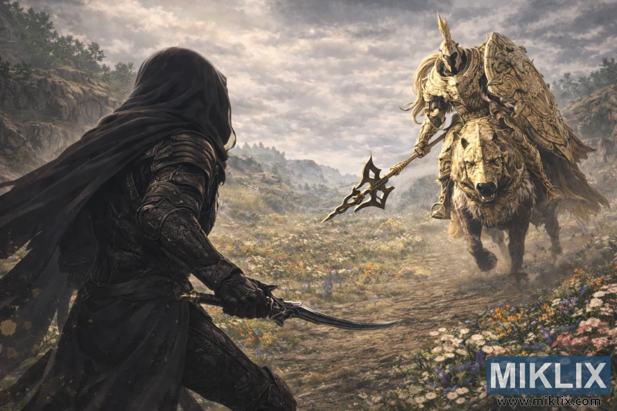 Over-the-shoulder view of the Tarnished in Black Knife armor facing a mounted Tree Sentinel in a flower-filled landscape just before battle.