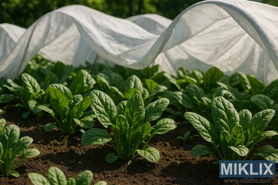 Здоровые растения шпината, растущие на плодородной почве под белыми грядками, обеспечивающими частичную тень в саду. Здоровые растения шпината, растущие на плодородной почве под белыми грядками, обеспечивающими частичную тень в саду.