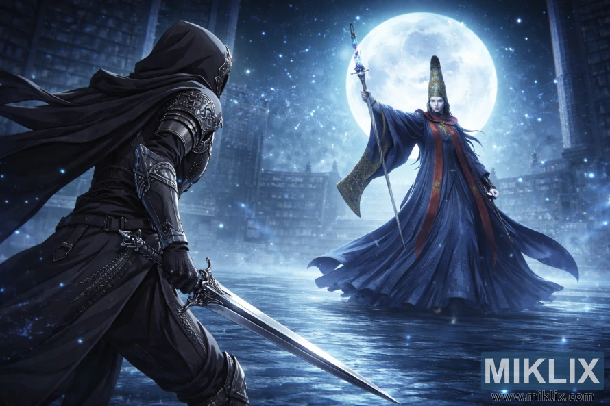 Fan art in stile anime che mostra Tarnished di spalle sulla sinistra, mentre brandisce una spada e affronta Rennala, Regina della Luna Piena, nella biblioteca illuminata dalla luna della Raya Lucaria Academy.