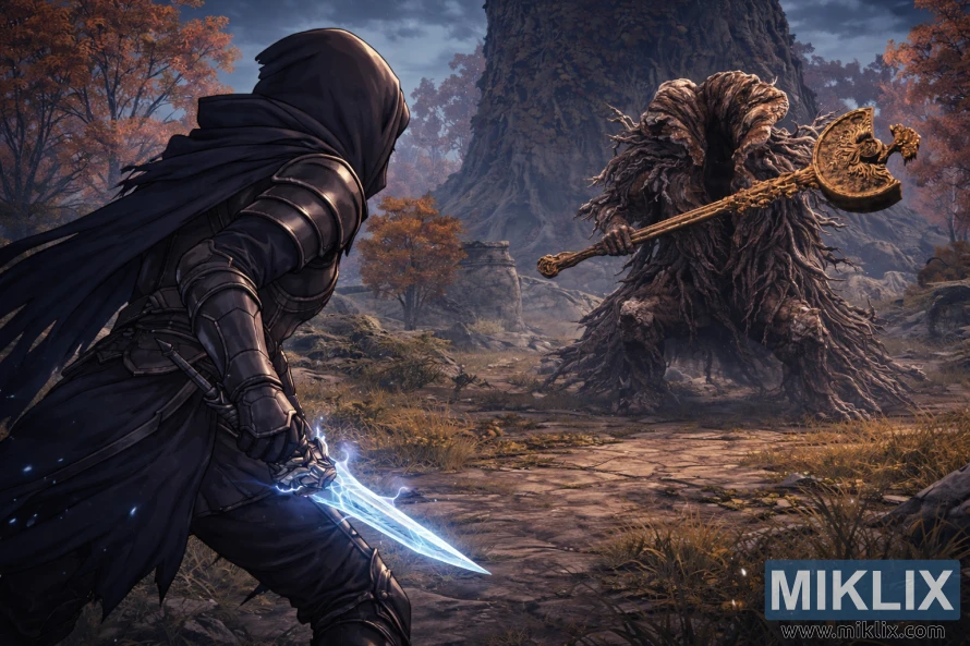 Anime style scene of the Tarnished in Black Knife armor on the left facing the Erdtree Avatar boss in a ruined autumn landscape before battle.