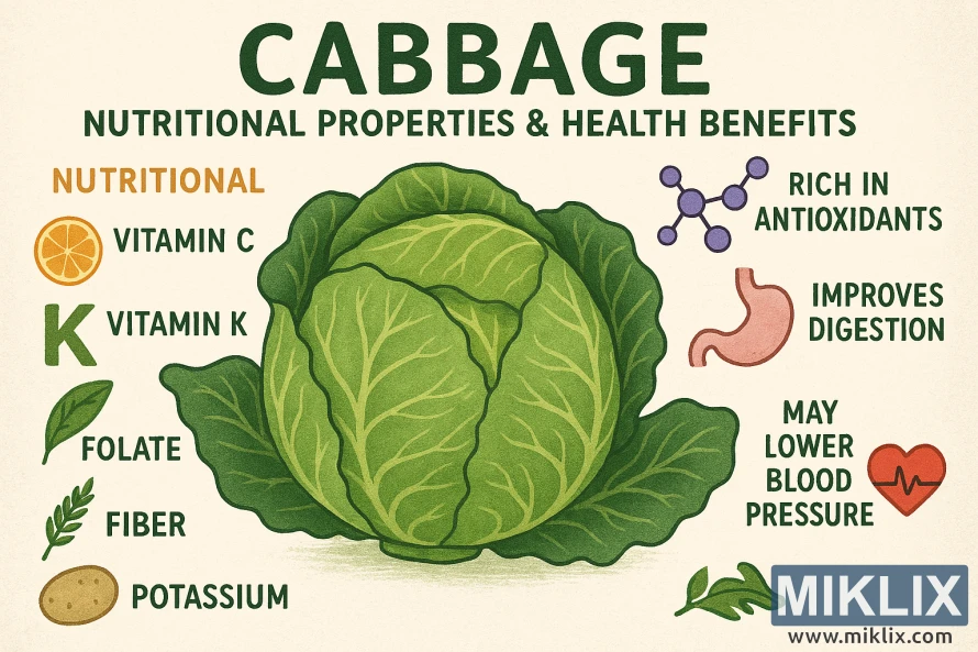 Infografia nutricional de la col verda que mostra una col verda al centre amb vitamines, minerals i beneficis per a la salut etiquetats, com ara antioxidants, suport a la digestió, efectes antiinflamatoris i possible reducció de la pressió arterial.