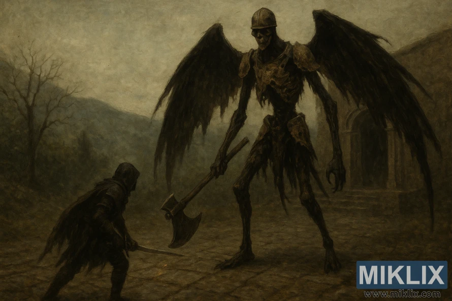 Landscape dark fantasy scene of a Tarnished confronting a towering, lanky Black Blade Kindred with tattered wings and an axe outside the Bestial Sanctum.
