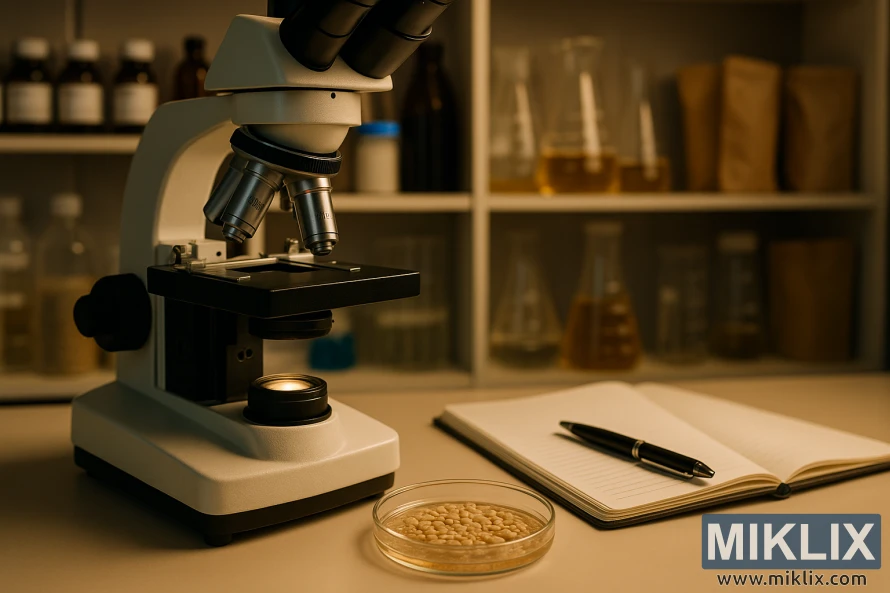 Sooja valgusega labor, kus on mikroskoop, õllepärmiga Petri tass, märkmik ja pastakas ning taustal reagentide ja keeduklaaside riiulid.