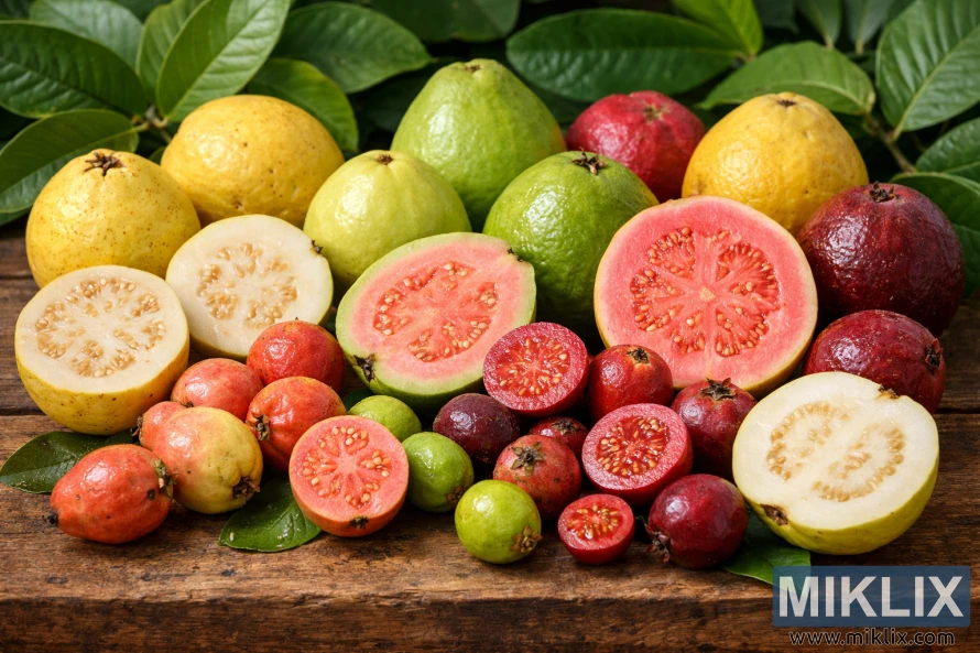 Assorted guava fruits in different colors and sizes, including whole and sliced guavas showing white and pink flesh on a wooden surface with green leaves