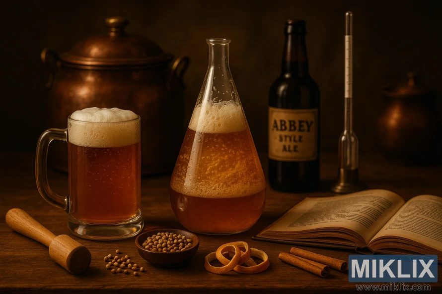 Still life of Belgian brewing with amber beer, spices, flask, and copper pot. Still life of Belgian brewing with amber beer, spices, flask, and copper pot.