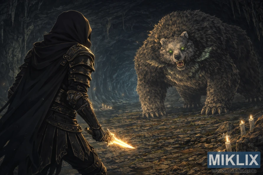 Anime style dark fantasy scene of a hooded armored warrior seen from behind facing a giant glowing-eyed bear inside a dim underground cave before battle.