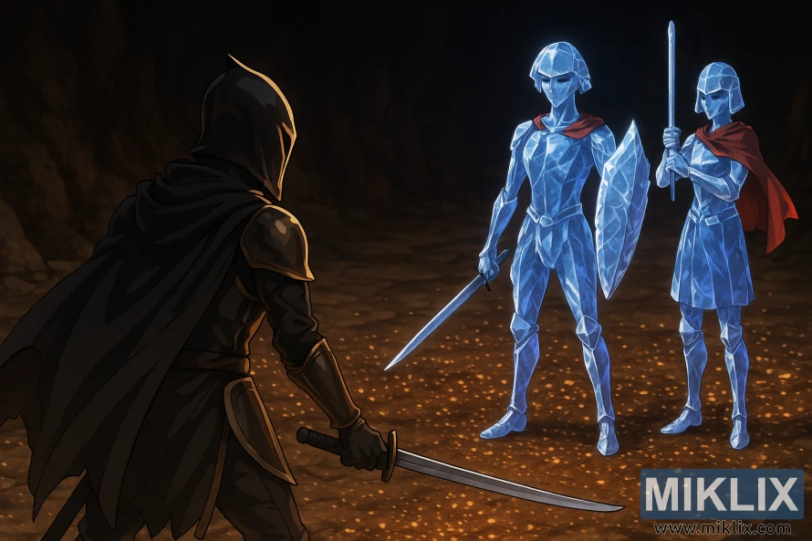 Anime-style scene of a Tarnished in Black Knife armor facing two Crystalians inside a dimly lit cavern.
