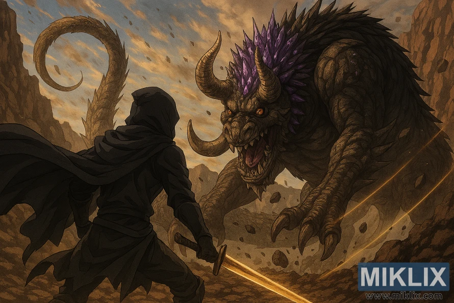 Anime-style fan art showing the Tarnished from behind facing the Full-Grown Fallingstar Beast at Mount Gelmir