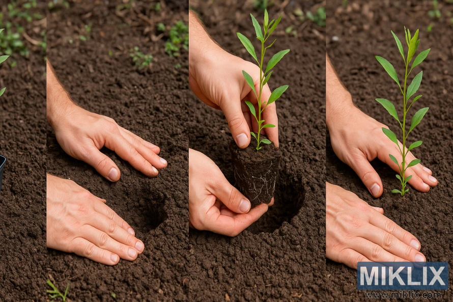Four-step photo showing hands planting a young goji berry plant in rich garden soil, from preparing the hole to settling the plant upright.