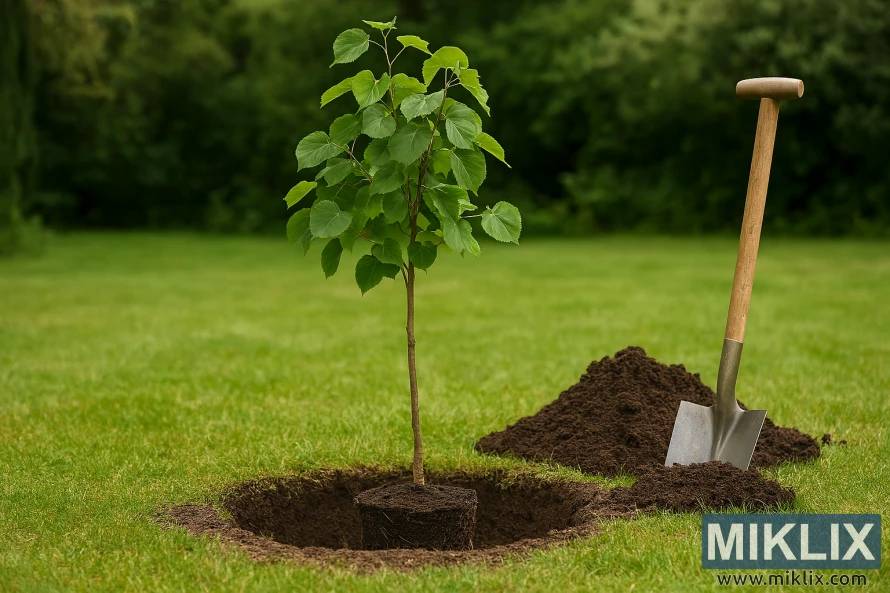 Riktig planteteknikk for et ungt lindetre i en hage med mulch, stake og spade