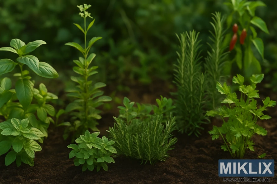 En frodig trädgårdsbädd fylld med olika örter och kryddväxter som växer i näringsrik jord i mjukt dagsljus. En frodig trädgårdsbädd fylld med olika örter och kryddväxter som växer i näringsrik jord i mjukt dagsljus.