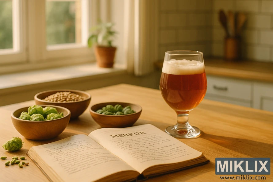 Ζεστά φωτισμένος πάγκος κουζίνας με ένα ποτήρι κεχριμπαρένια μπύρα, μπολ με λυκίσκο και κριθάρι, και ένα ανοιχτό βιβλίο συνταγών Merkur γεμάτο με χειρόγραφες σημειώσεις, όλα λουσμένα στο φυσικό φως από τα κοντινά παράθυρα.