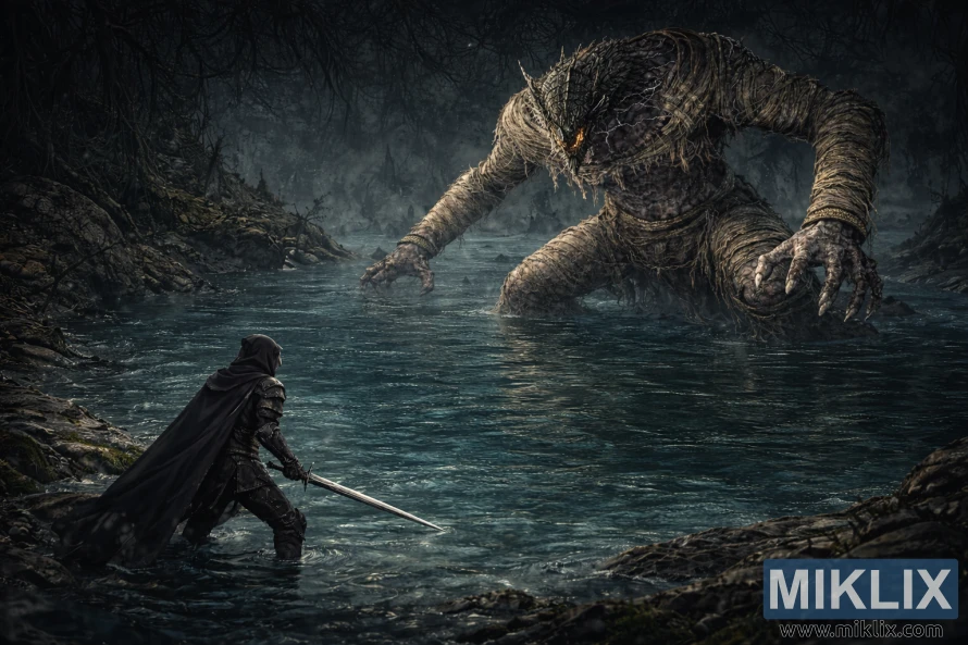 Ísómetrísk dökk fantasíusena sem sýnir Tarnished að aftan, vinstra megin, veifa sverði á meðan hann stendur frammi fyrir risavaxna Dragonkin-hermanninum frá Nokstella í Ainsel-ánni. Ísómetrísk dökk fantasíusena sem sýnir Tarnished að aftan, vinstra megin, veifa sverði á meðan hann stendur frammi fyrir risavaxna Dragonkin-hermanninum frá Nokstella í Ainsel-ánni.