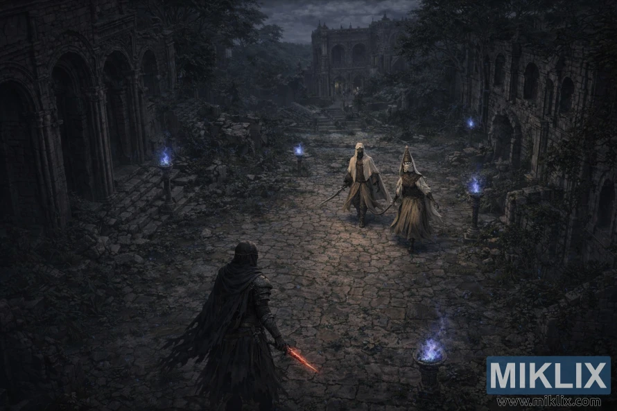 Isometric dark fantasy view of the Tarnished with a glowing red dagger facing the Nox Swordstress and Nox Monk in the ruined streets of Sellia Town of Sorcery at night. Isometric dark fantasy view of the Tarnished with a glowing red dagger facing the Nox Swordstress and Nox Monk in the ruined streets of Sellia Town of Sorcery at night.