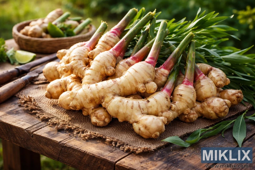 సహజ సూర్యకాంతిలో బయట ఉన్న ఒక గ్రామీణ చెక్క బల్లపై ఆకుపచ్చ కాండాలతో కూడిన తాజా అల్లం వేర్లు.