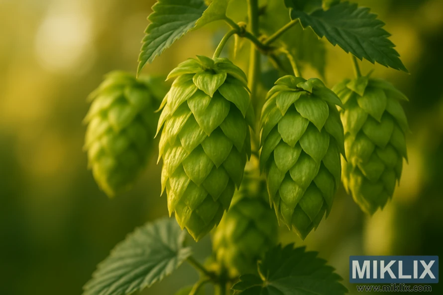 Крупна фотографија на бујни зелени конуси од хмељ од видот Fuggle Tetraploid кои светат во топла златна светлина на мека заматена позадина. Крупна фотографија на бујни зелени конуси од хмељ од видот Fuggle Tetraploid кои светат во топла златна светлина на мека заматена позадина.